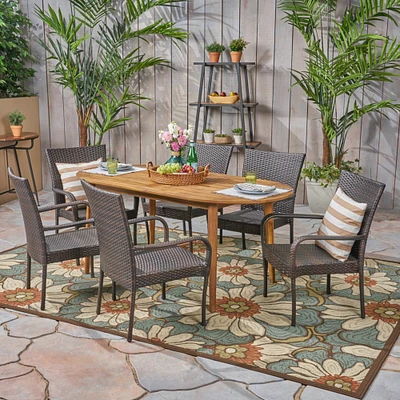 GDFStudio Elle Outdoor 7 Piece Acacia Wood Dining Set with Stacking Wicker Chairs