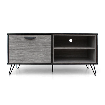 GDFStudio Vivian Mid Century Modern Two Toned Gray Oak Finished Faux Wood TV Stand with Hairpin Legs