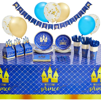 219-Piece Royal Prince Baby Shower Decorations for Boys, Blue Party Supplies Set with Balloons, Gift Boxes, Welcome Banner (Serves 24)