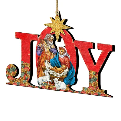 Designocracy Set of 2 Magnificent Nativity "Joy" Wooden Christmas Ornaments 5.5"