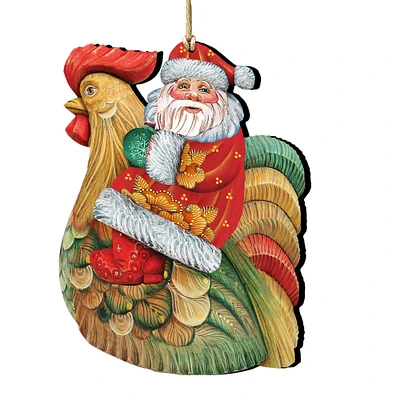 Designocracy Set of 2 Santa Claus Sitting on a Rooster Wooden Christmas Ornaments 5.5"