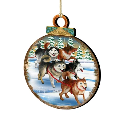 Designocracy Set of 2 Adorable Huskies Wooden Christmas Ornaments 5.5"