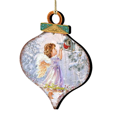 Designocracy Set of 2 Little Angel and a Bird in the Woodland Wooden Christmas Ornaments 5.5"