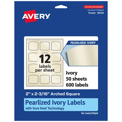 Avery Pearlized Ivory Arched Square Labels with Sure Feed Technology, Print-to-the-Edge, 2" x 2-3/16"