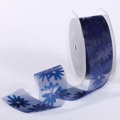 The Ribbon People Navy Blue Sheer Organza Spring Flowers Craft Ribbon 1.5" x 50 Yards