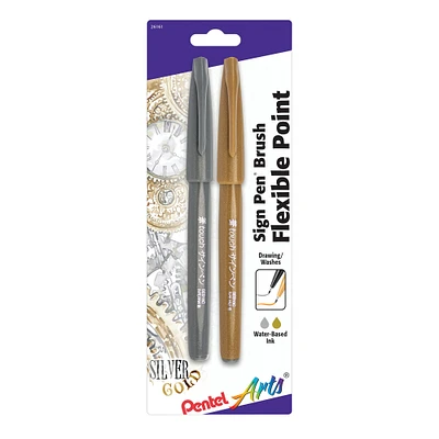 Pentel Sign Pen Brush Tip Set, Gold & Silver