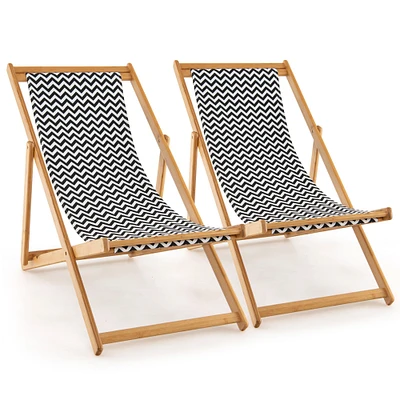 Gymax 2pcs Foldable Patio Sling Chair w/ Solid Bamboo Frame and Breathable Canvas Seat Beach, Garden, Patio