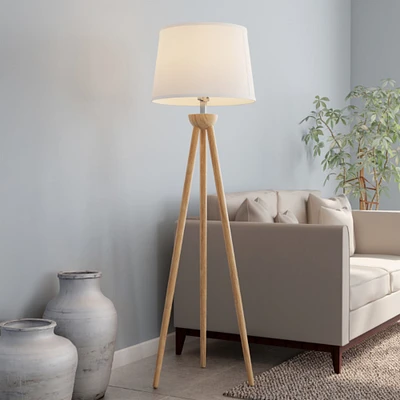 Lavish Home Tripod Floor Lamp-Modern Light with LED Bulb Included-Natural Oak Wood with White Shade