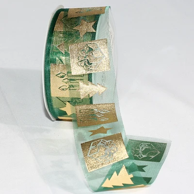 The Ribbon People Hunter Green and Gold Colored German Christmas Print Organza Craft Ribbon 1.5" x 54 Yards