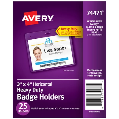 Avery Heavy Duty Badge Holders, 3" x 4", 25 Horizontal ID Badge Holders (74471)