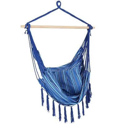 Sunnydaze Polyester Hammock Chair with Cushions and Fringe - Blue Stripes by