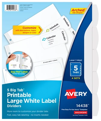 Avery Big Tab Printable Large White Label Dividers with Easy Peel, 5 Tabs, 4 Sets (14438)