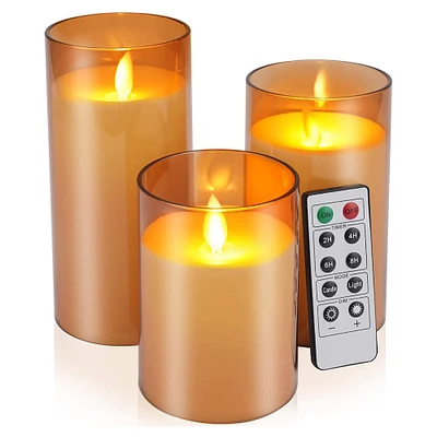 Global Phoenix 3Packs Flameless Candles Battery Operated Pillar Real Wax LED Glass Candle Warm White with Remote Control Timer