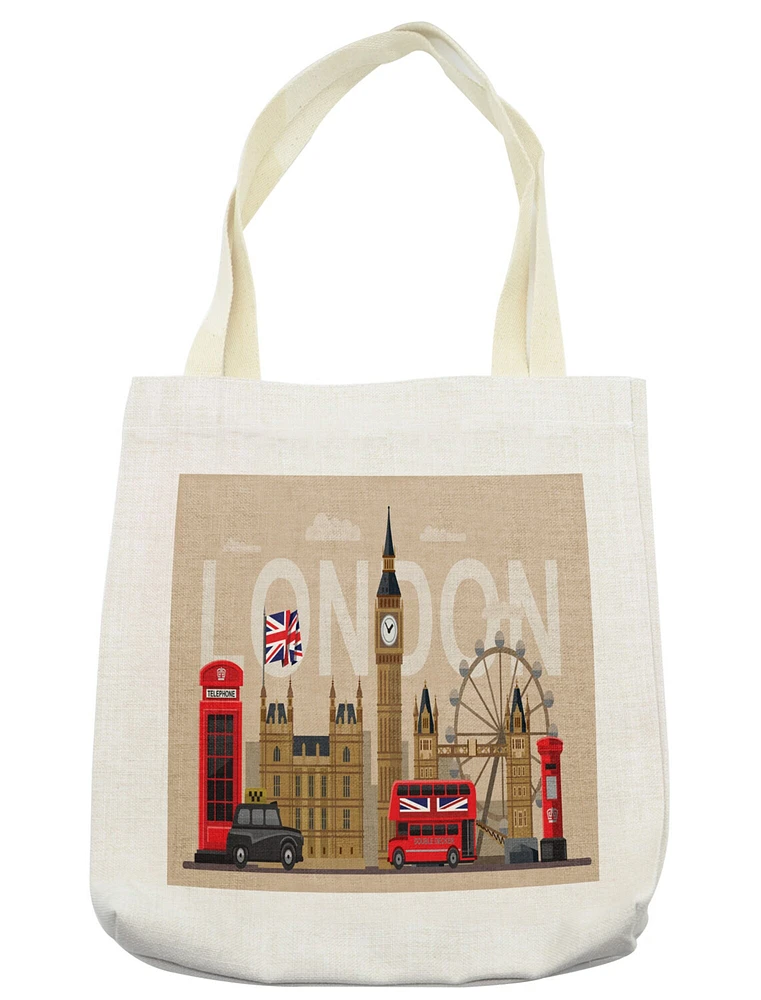 Ambesonne London Tote Bag, Famous Britain Landmarks Monuments Art Pattern Touristic Travel Destination, Cloth Linen Reusable Bag for Shopping Books Beach and More, 16.5" X 14", Multicolor