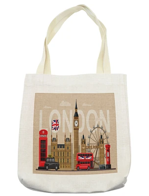 Ambesonne London Tote Bag, Famous Britain Landmarks Monuments Art Pattern Touristic Travel Destination, Cloth Linen Reusable Bag for Shopping Books Beach and More, 16.5" X 14", Multicolor
