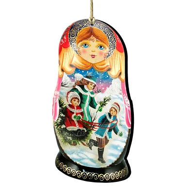Designocracy Set of 2 Matreshka Doll with Children Playing Wooden Christmas Ornaments 5.5"