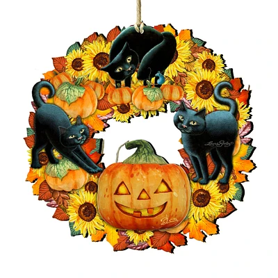 Designocracy Set of 2 Cats Flower Wreath Wooden Halloween Ornaments 5.5"