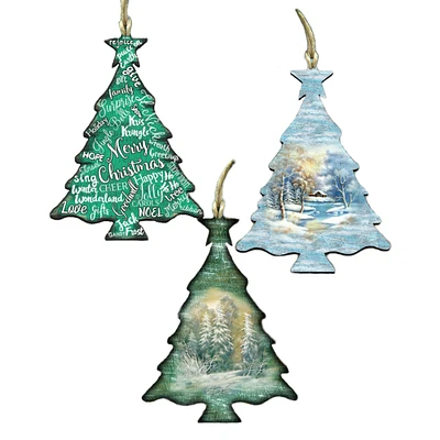 Designocracy Set of 3 Christmas Trees Wooden Ornaments 5.5"