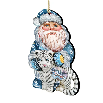 Designocracy Set of 2 Winter Santa White Tiger Wooden Christmas Ornaments 5.5"