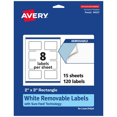 Avery Matte White Removable Rectangle Labels with Sure Feed Technology, Print-to-the-Edge