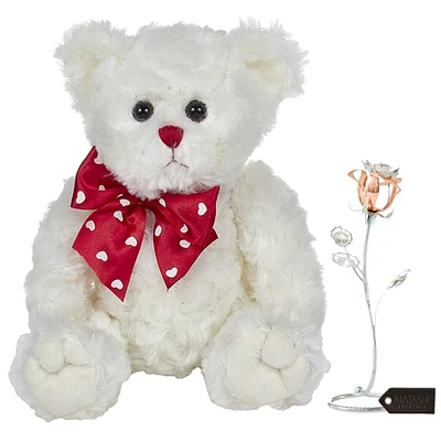 Matashi Bearington Lil Lovable Valentines Day Plush Stuffed Animal Teddy Bear  White 11" Chrome and Rose-Gold Plated Rose Flower