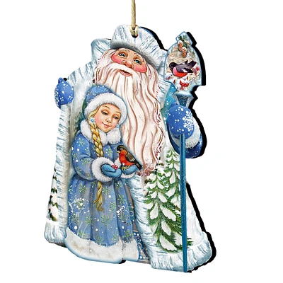 Designocracy Set of 2 Classic Santa with a Little Girl Wooden Christmas Ornaments 5.5"