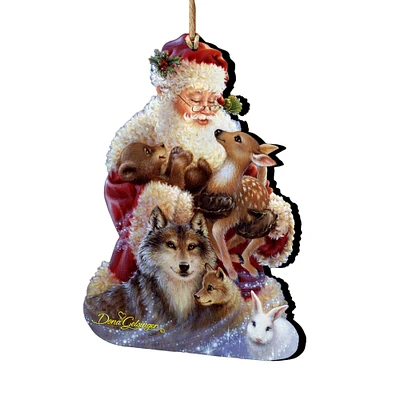 Designocracy Set of 2 Santa with Forest Friends Wooden Christmas Ornaments 5.5"