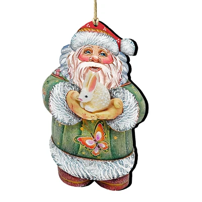 Designocracy Set of 2 Santa Adorable Bunny Wooden Christmas Ornaments 5.5"