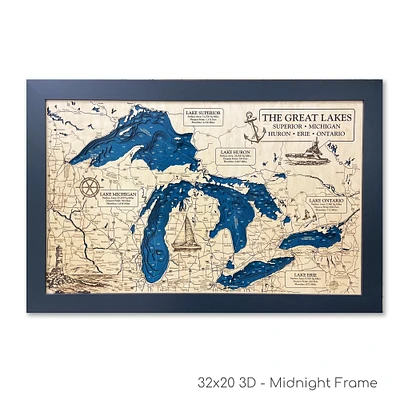 Great Lakes Map with Nautical Graphics, 3D Lake Map, Custom Lake Map, Custom Lake Art, Lake Michigan Map, Lake Superior Map