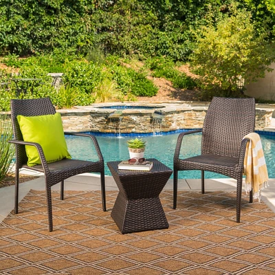 GDFStudio Ralsey Outdoor 3 Piece Multi-Brown Wicker Chat Set with Stacking Chairs