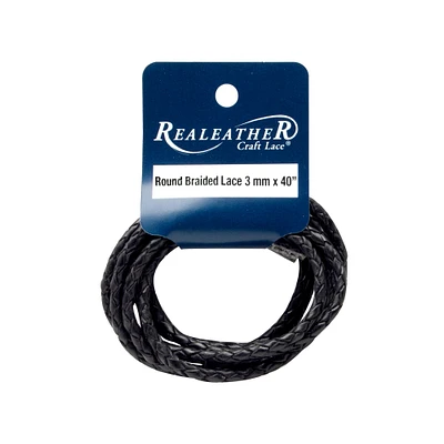 Realeather Round Braided Leather Lace, 3mm x 40", Black