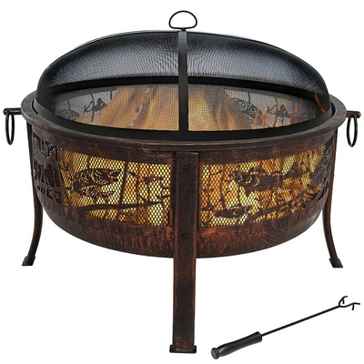 Sunnydaze 30 in Northwoods Fishing Steel Fire Pit with Spark Screen by