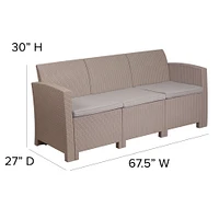 Merrick Lane Malmok Outdoor Furniture Resin Sofa Faux Rattan Wicker Pattern Patio 3-Seat Sofa With All-Weather Cushions