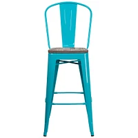 Merrick Lane Sarah 30" Metal Indoor-Outdoor Counter Stool with Vertical Slat Back, Integrated Footrest and Wood Seat