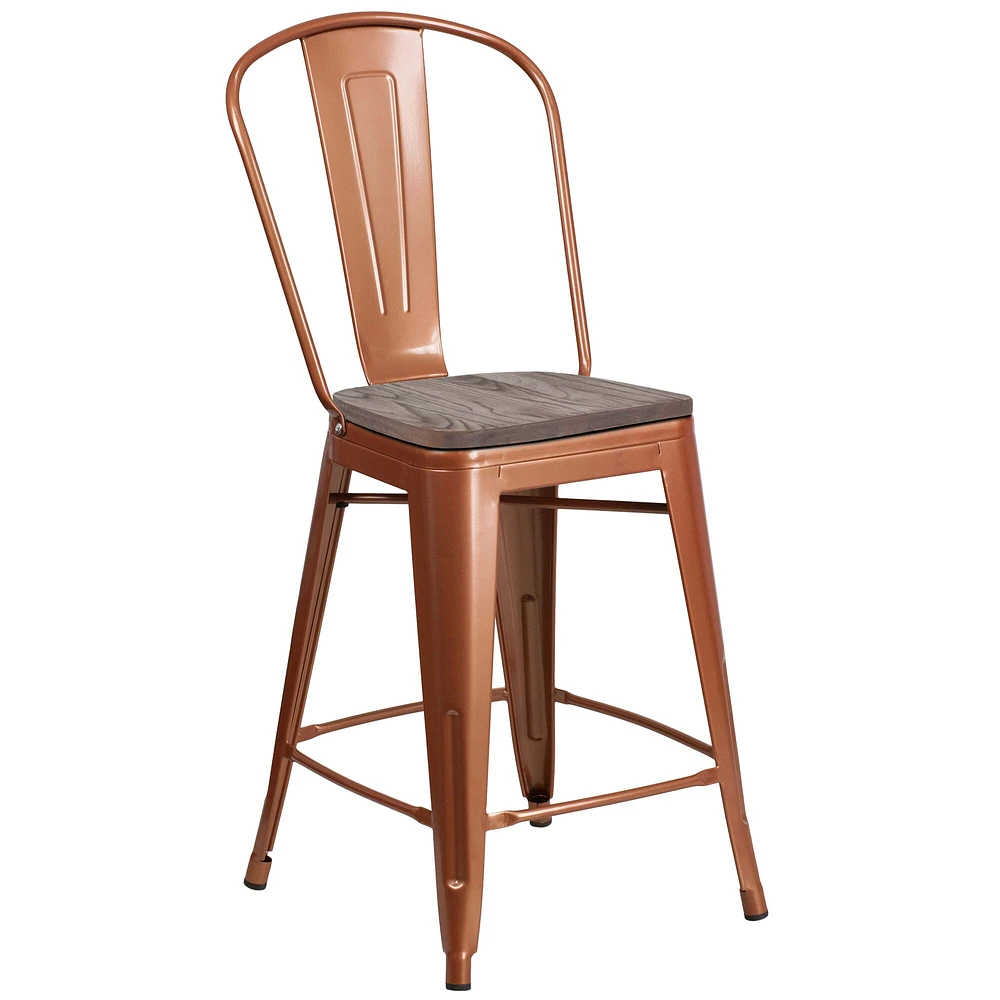 Merrick Lane Sarah 24" Metal Indoor-Outdoor Counter Stool with Vertical Slat Back, Integrated Footrest and Wood Seat