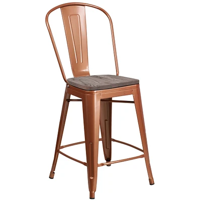 Merrick Lane Sarah 24" Metal Indoor-Outdoor Counter Stool with Vertical Slat Back, Integrated Footrest and Wood Seat