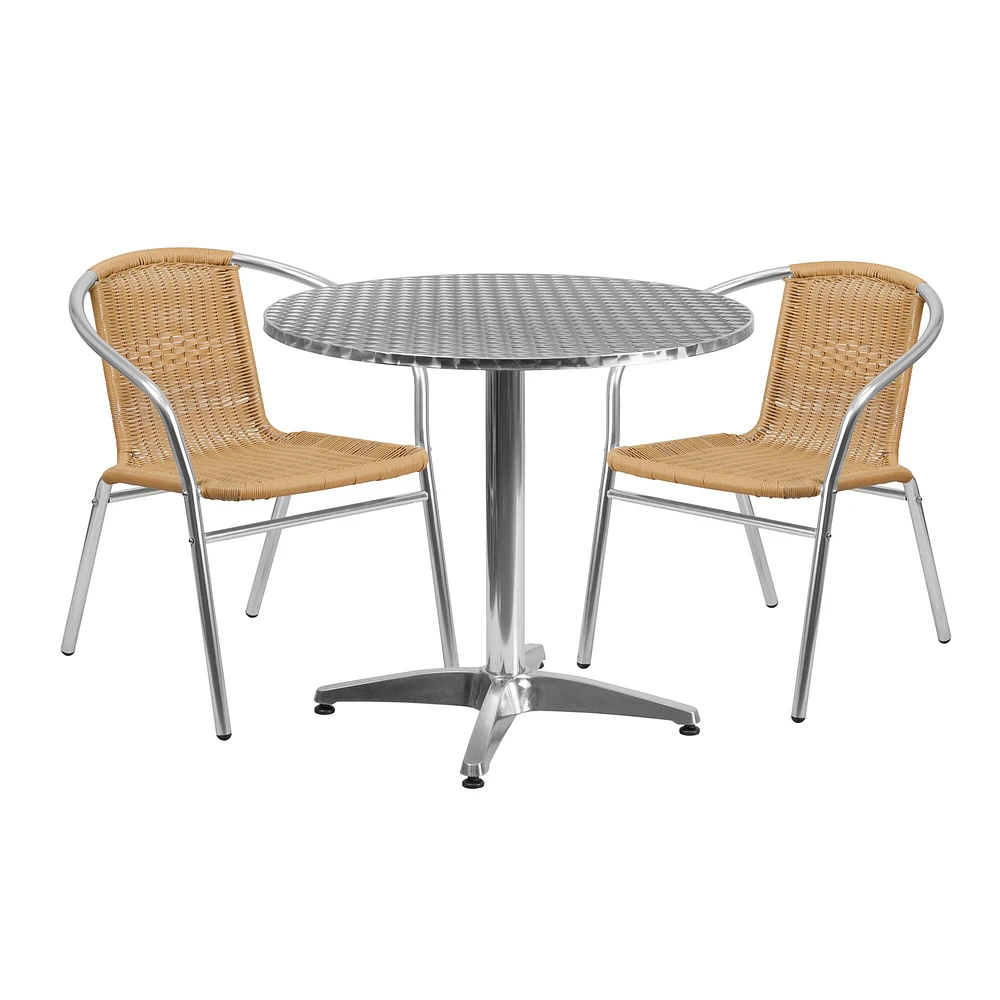 Emma and Oliver 31.5" Round Aluminum Garden Patio Table Set with 2 Rattan Chairs