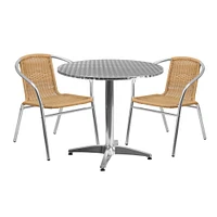 Emma and Oliver 31.5" Round Aluminum Garden Patio Table Set with 2 Rattan Chairs