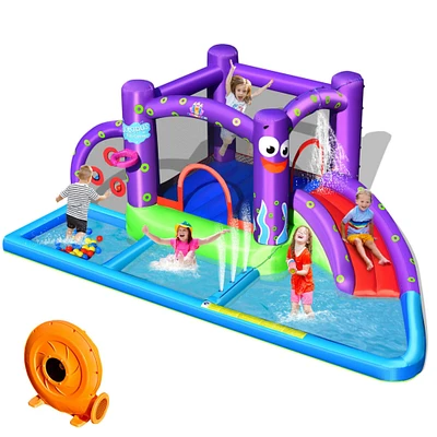 Gymax Inflatable Water Slide Castle Kids Bounce House w/ Octopus Style and 750W Blower