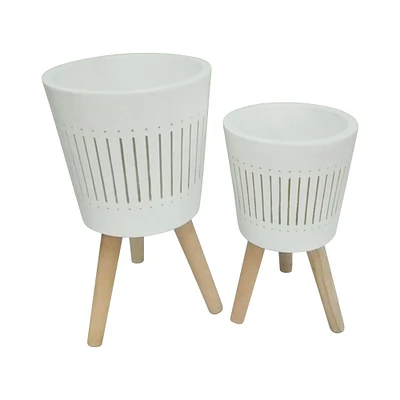 Kingston Living Set of 2 White and Beige Ceramic Outdoor Standing Planters with Tripod Legs 21"