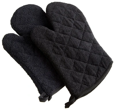 Contemporary Home Living Set of 2 Black Decorative Pan Handling Cloth Oven Mitts 13"