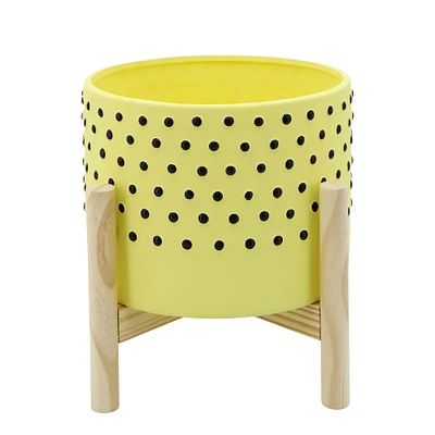 Kingston Living 8" Yellow Ceramic Polka Dotted Planter with Stand