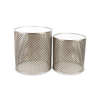 Contemporary Home Living Set of 2 Gold Tone Metal Nesting Tables with Round Top Mirrors 20.5"