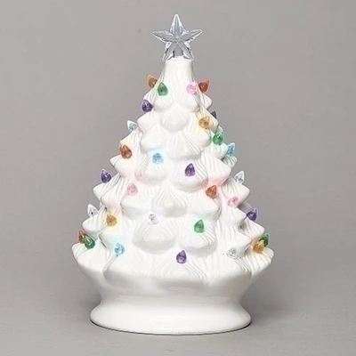 Roman 13.5" LED Lighted Ceramic Vintage Tree Christmas Tabletop Decor