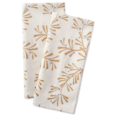 Contemporary Home Living Set of 2 Chiffon White and Gold Rectangular Holly Leaves Dishtowels 28"
