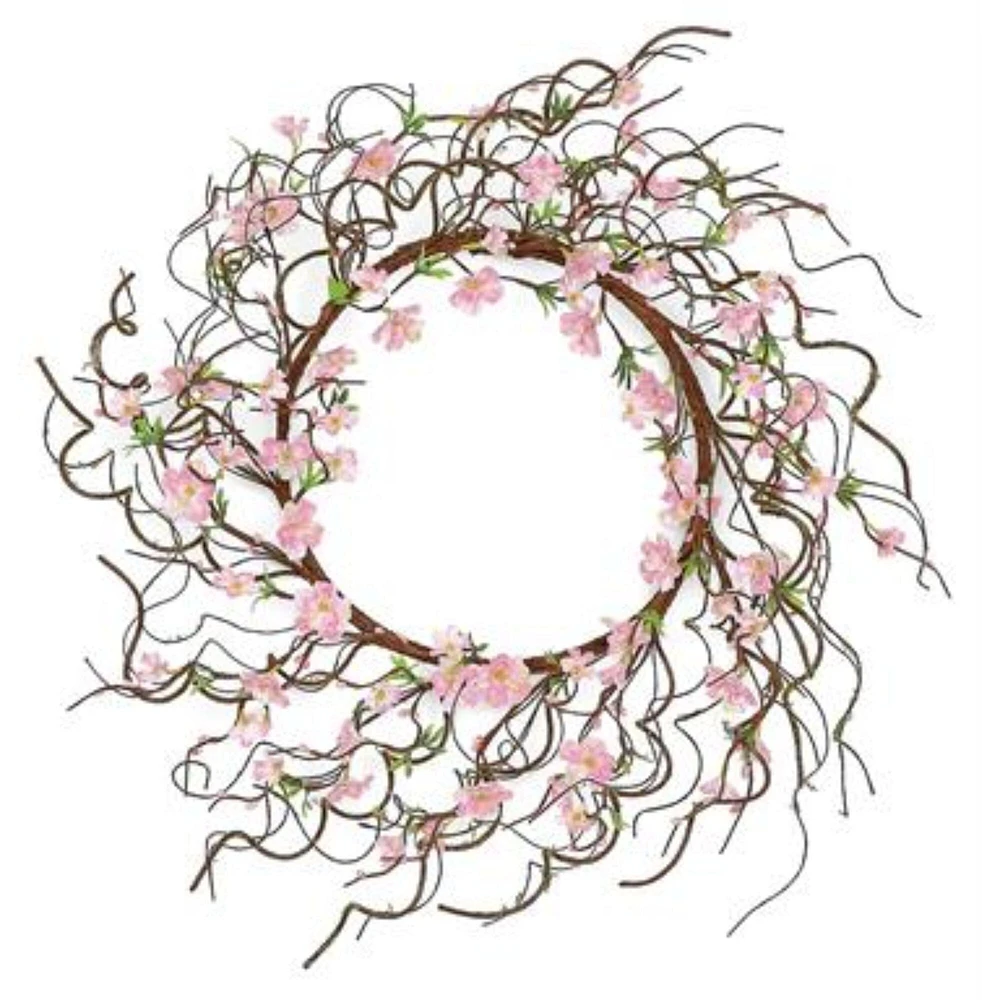 Select Artificials Twiggy Cherry Blossoms Artificial Spring Wreath, Pink and Brown 24-Inch