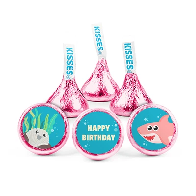 100ct Girl Shark Birthday Candy Party Favors Hershey's Kisses Milk Chocolate (100 Candies + 1 Sheet Stickers) - Assembly Required - by Just Candy