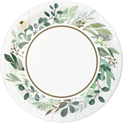 Party Central Club Pack of 96 Green and White Disposable Eucalyptus Round Paper Luncheon Plates 7"