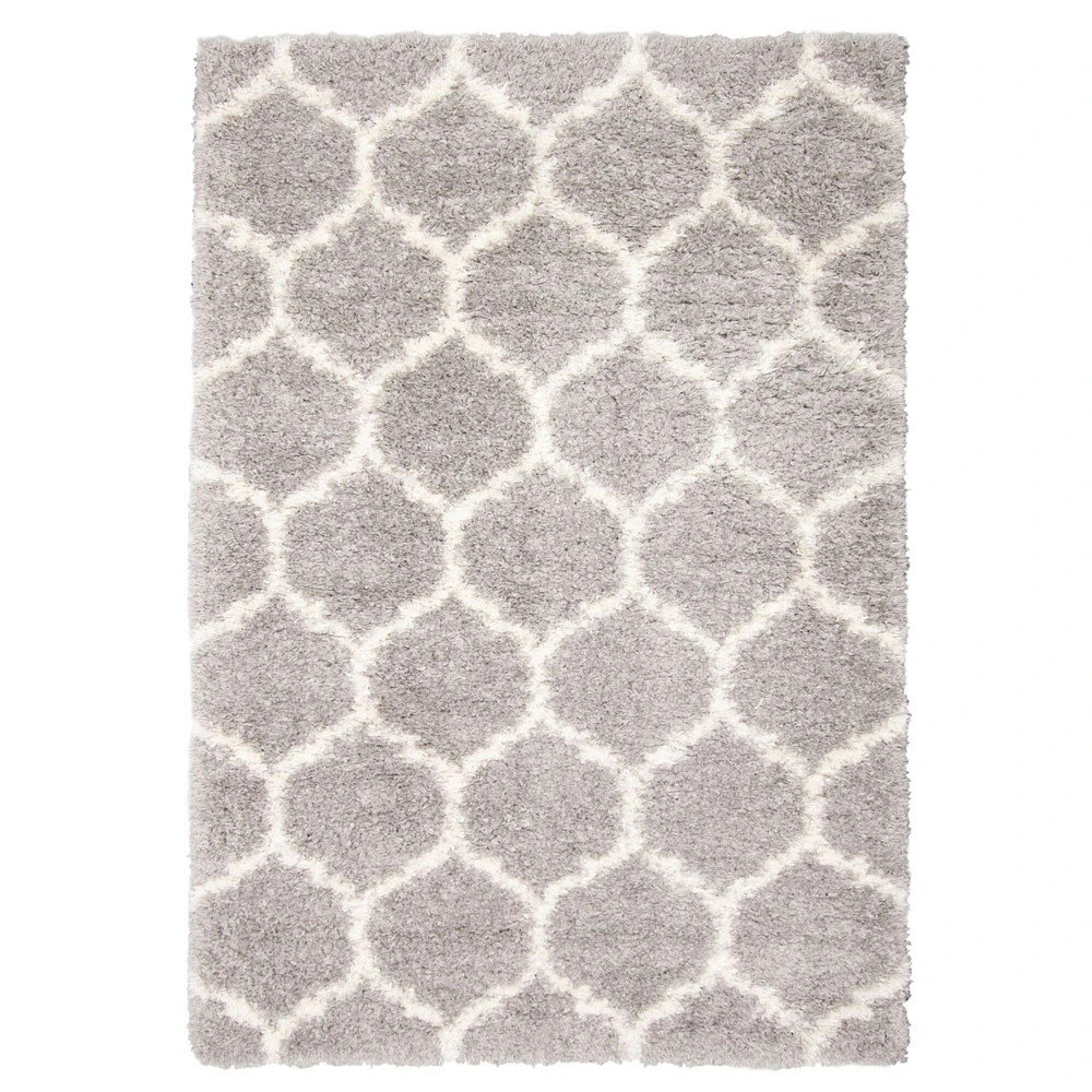 Chaudhary Living 6.5' x 9.5' Gray and Off White Trellis Moroccan Rectangular Shag Area Throw Rug