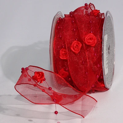 The Ribbon People Red Organdy Roses and Pearls Wired Craft Ribbon 1" x 20 Yards